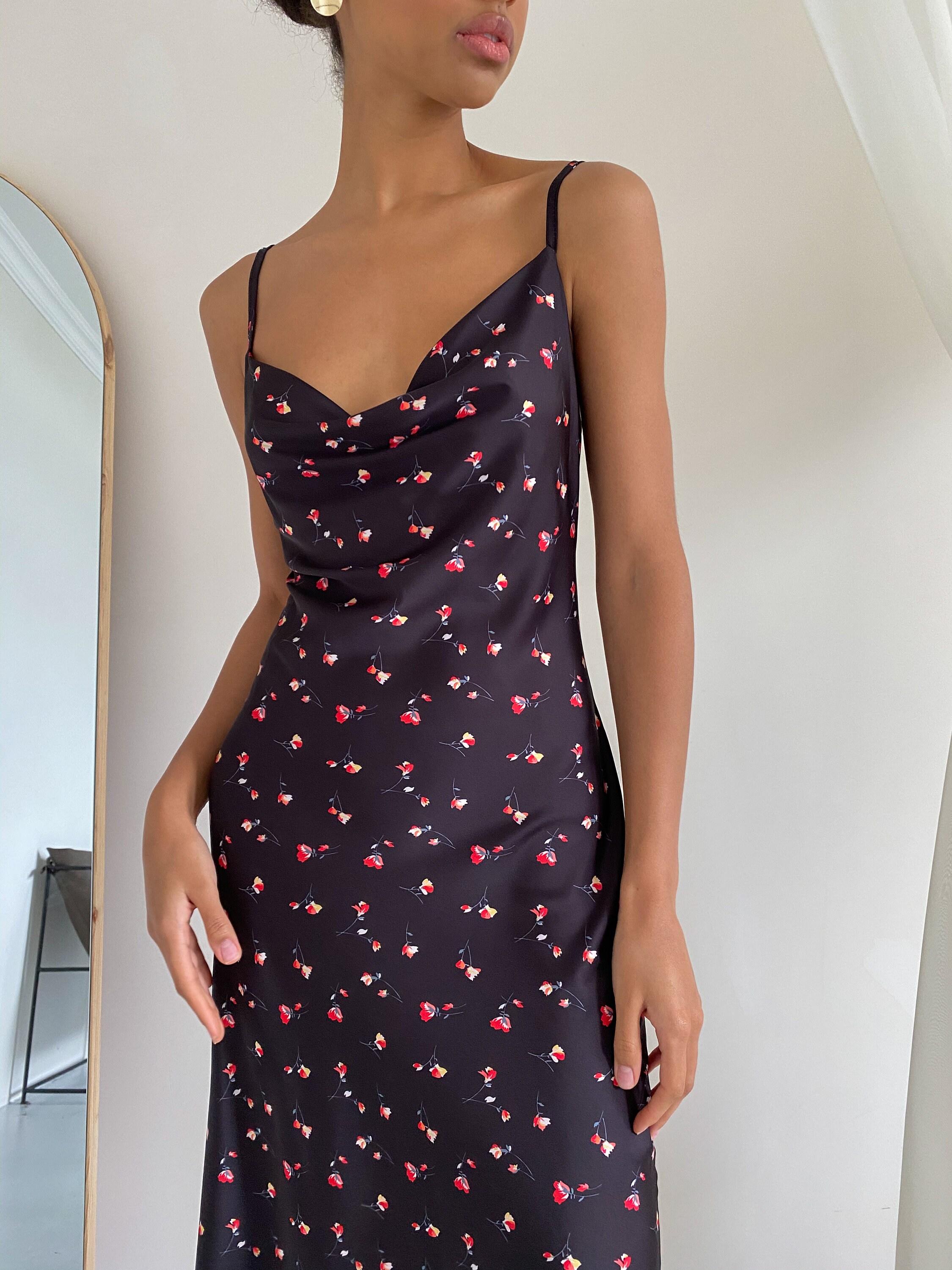 Black Silk Slip Dress Silk Slip Floral Dress of Midi Length Etsy