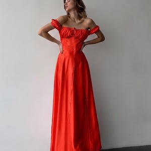 knee length dresses for ladies Satin & Scuba Off The Shoulder Maxi Dress - Red main image 1