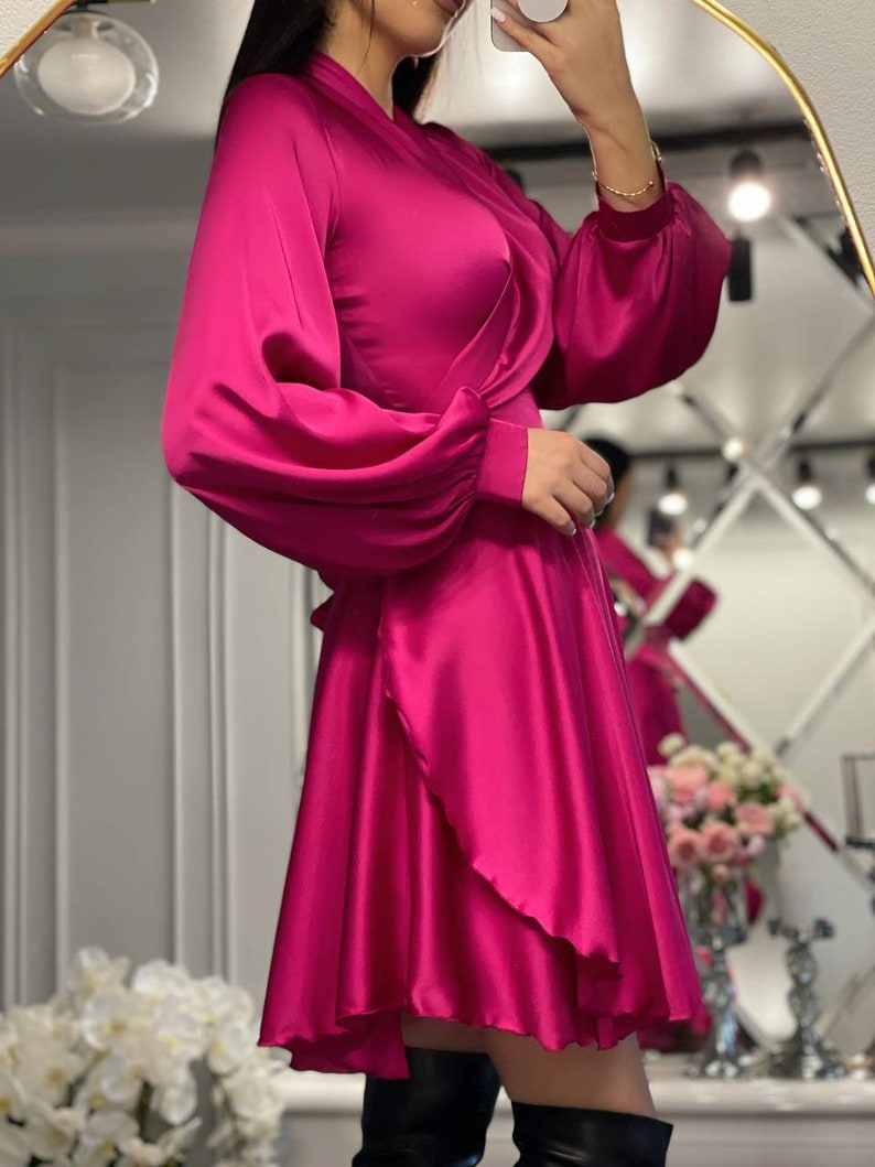 Fuchsia Silk Wrap Mini Dress Wedding Guest Silk Dress Pink Etsy