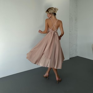 Beige Silk Midi Circle skirt slip dress with Open back, Silk Bridesmaid Midi Slip, Silk Maid of Honor Dress, Silk V-neck Midi Dress