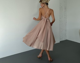 Beige Silk Slip Midi Dress with Circle skirt and Open back bow tie