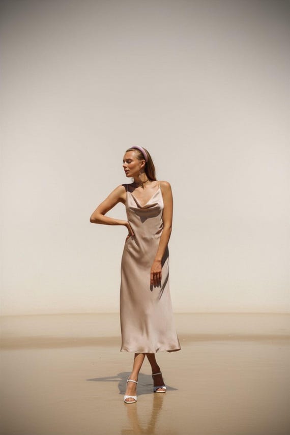 silk slip dress beige Blend Midi with Cowl Neckline Midi silk