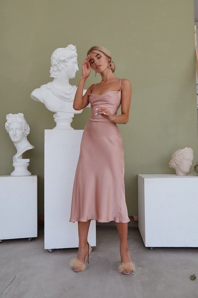 Dusty Pink Silk Slip Dress with Cowl Neck for Special image 1