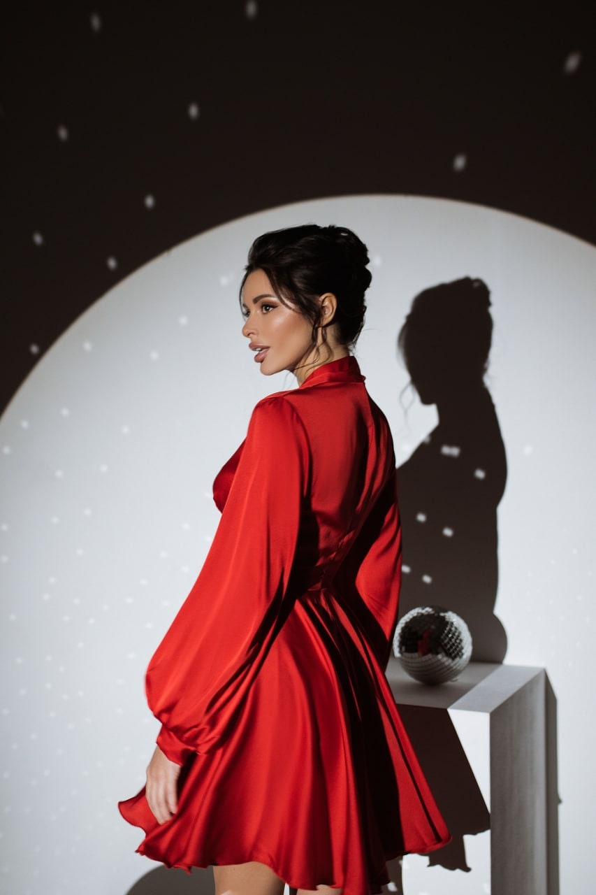 red silk wrap dress long sleeve Red Silk Blend Mini Wrap Dress, Long Sleeve Occasion Dress