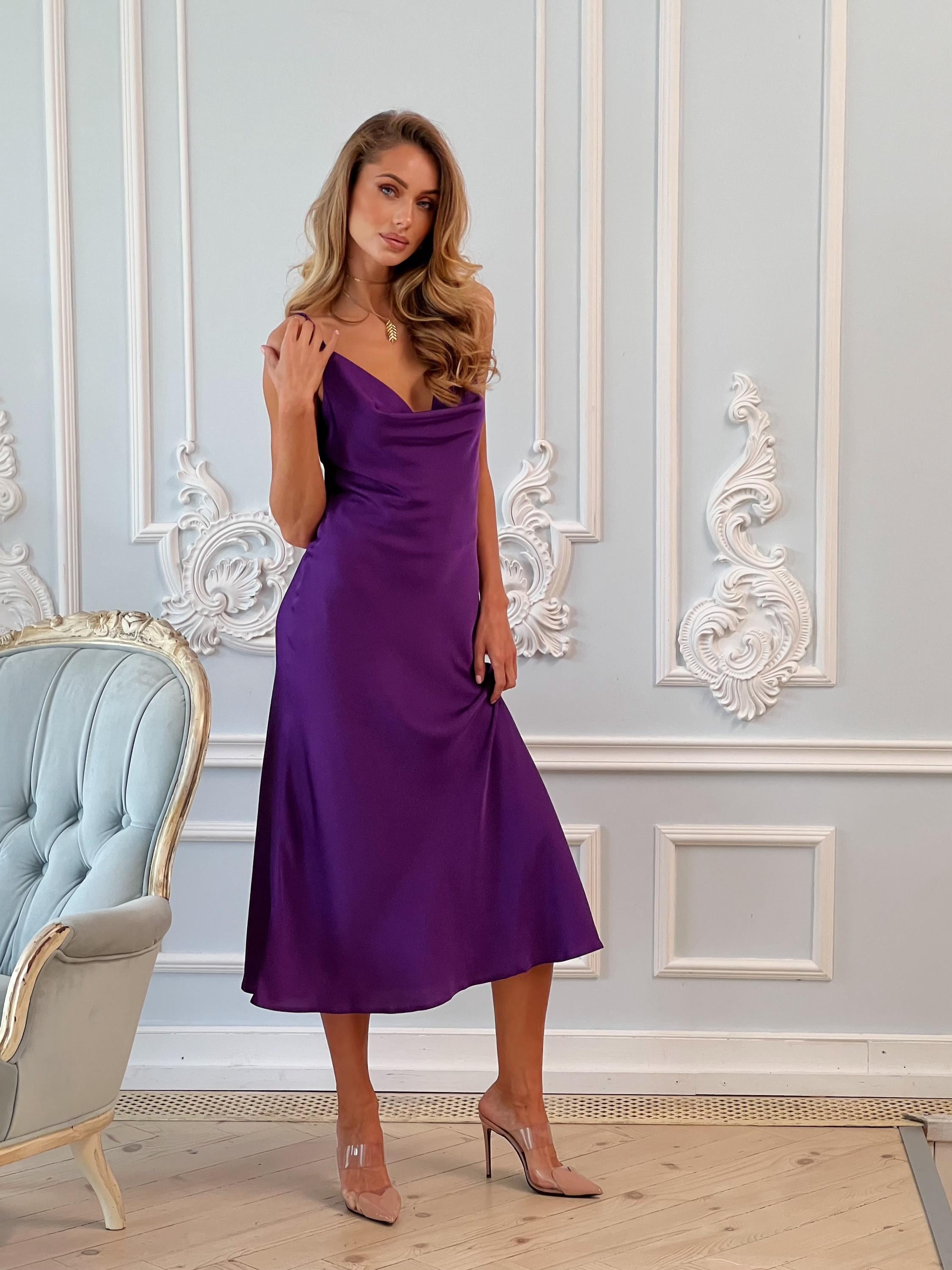 fitted lace wedding dress Cowl-Neck Open-Back Satin Long Prom Dress with Slit– PromGirl main image 1
