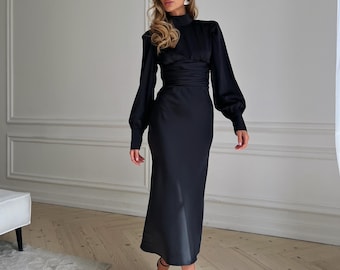 black satin turtleneck dress Chain Mail Turtleneck Satin Backless Evening Dress