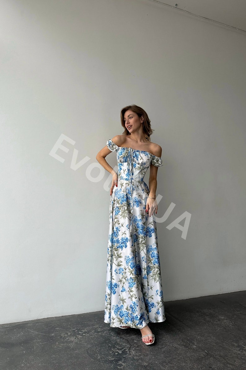 Floral Silk Maxi Dress with side slit and bustier Top, Floral Silk Maxi Dress for Summer, Vacation Dress for Honeymoon image 8