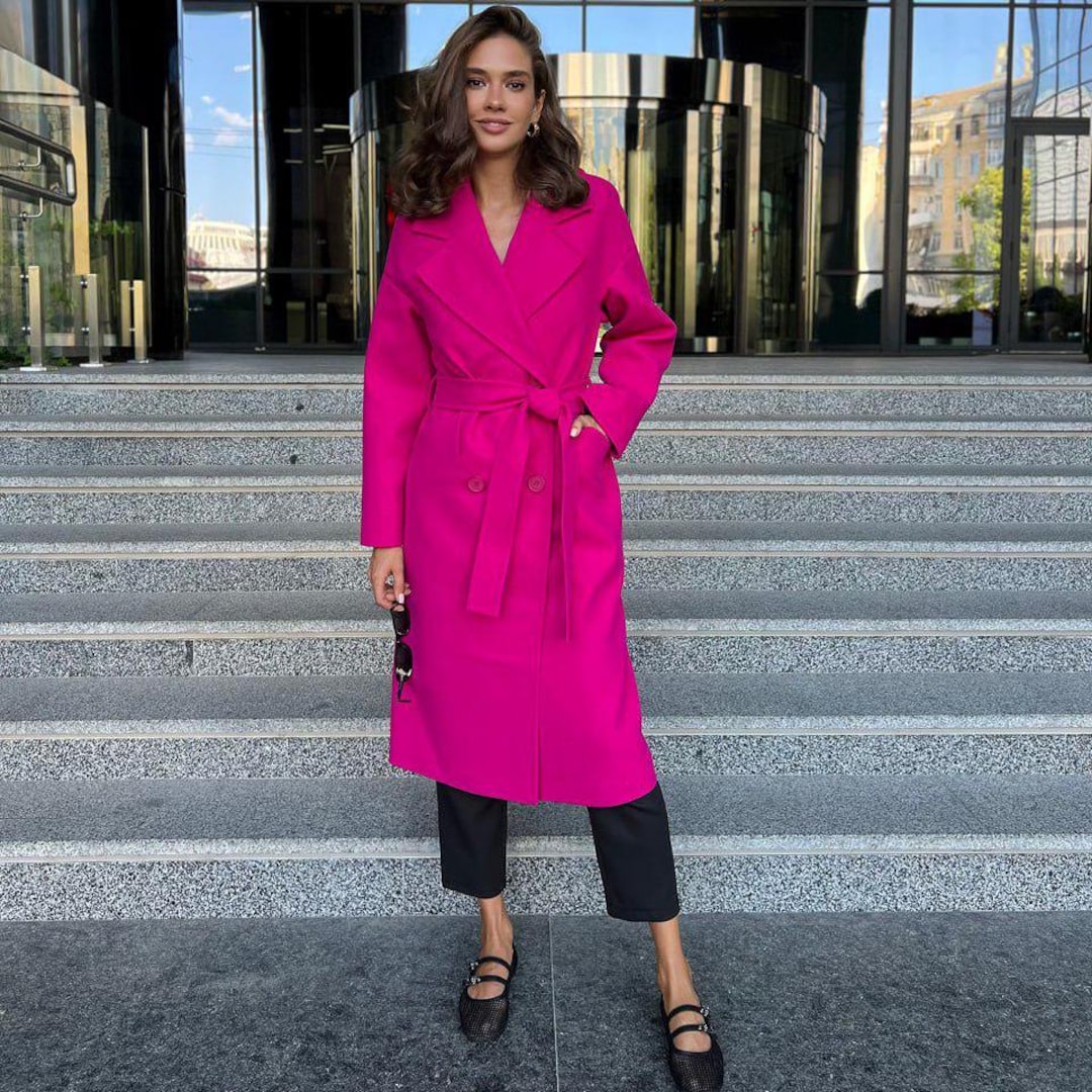 Hot Pink Wool Long Belted Wrap Overcoat With Wide Lapels for Women
