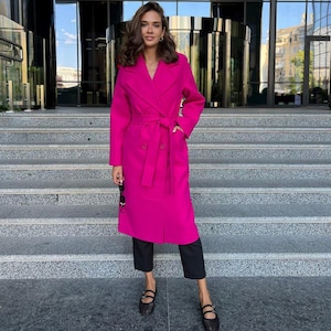 Hot Pink Wool Coat for Women, Long Belted Wrap Overcoat with Wide Lapels, Bold Color Statement Outerwear, Feminine Fall Winter Layer
