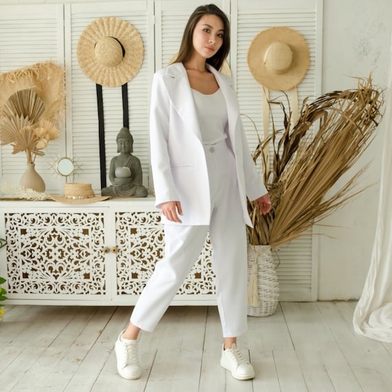 White Blazer Trouser Suit for Women White Pantsuit Set Womens