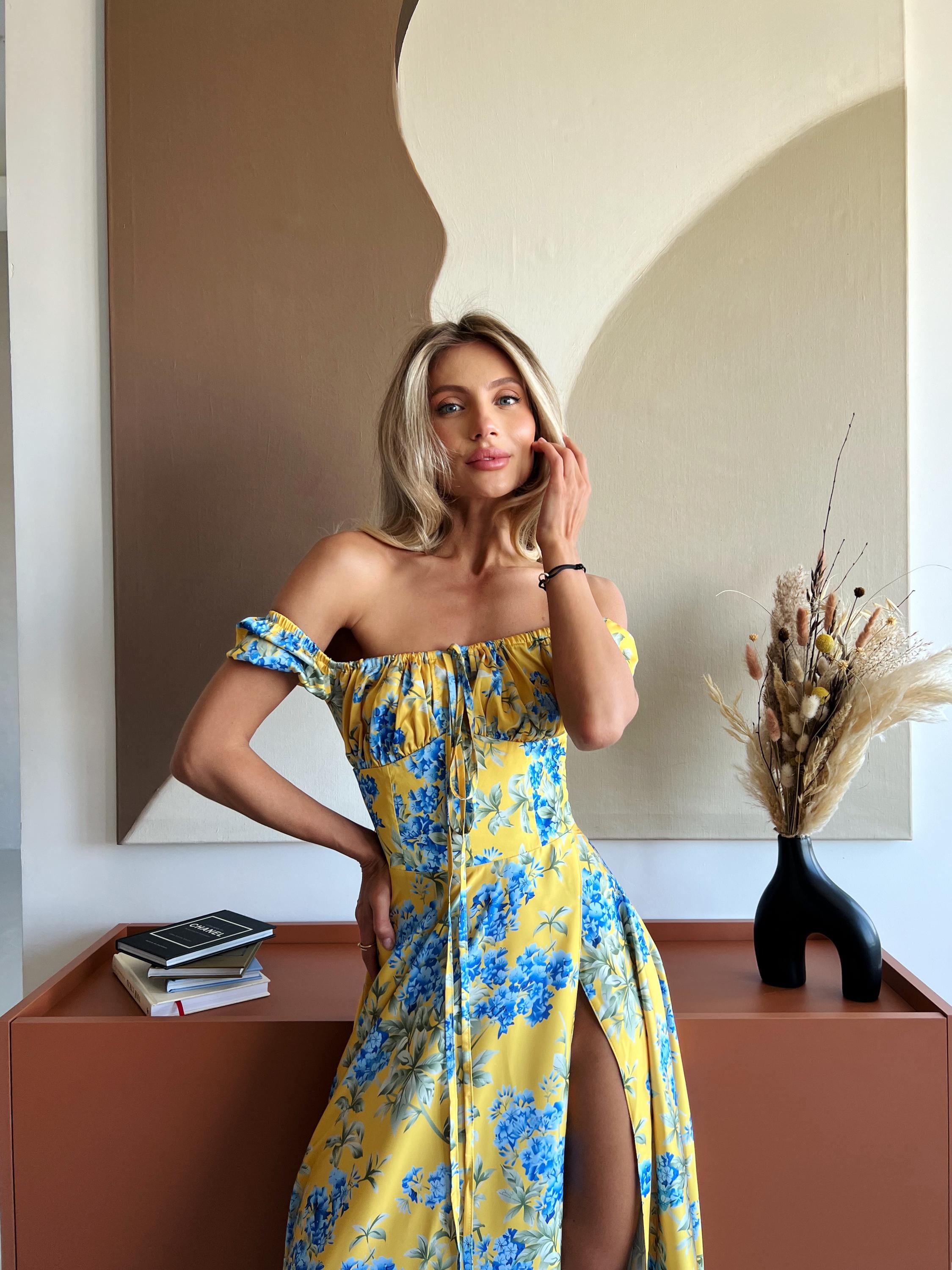 long yellow floral dress Ambraee Handpainted Organza for Women | V-Neck Puff Sleeve Umbrella Cut Available in two sizes My All-Time Favorite Wedding Guest
