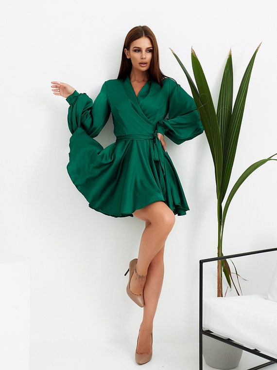 Satin Wrap Green Wrap Dress Australia ASOS Dresses Nwot Asos Club L London  Cuffed Sleeve Satin