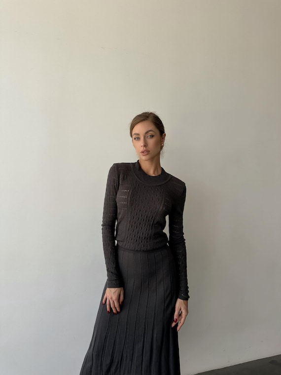 Dark Grey Openwork Knit Midi Dress with Cutout Bodice and Pleated Skirt