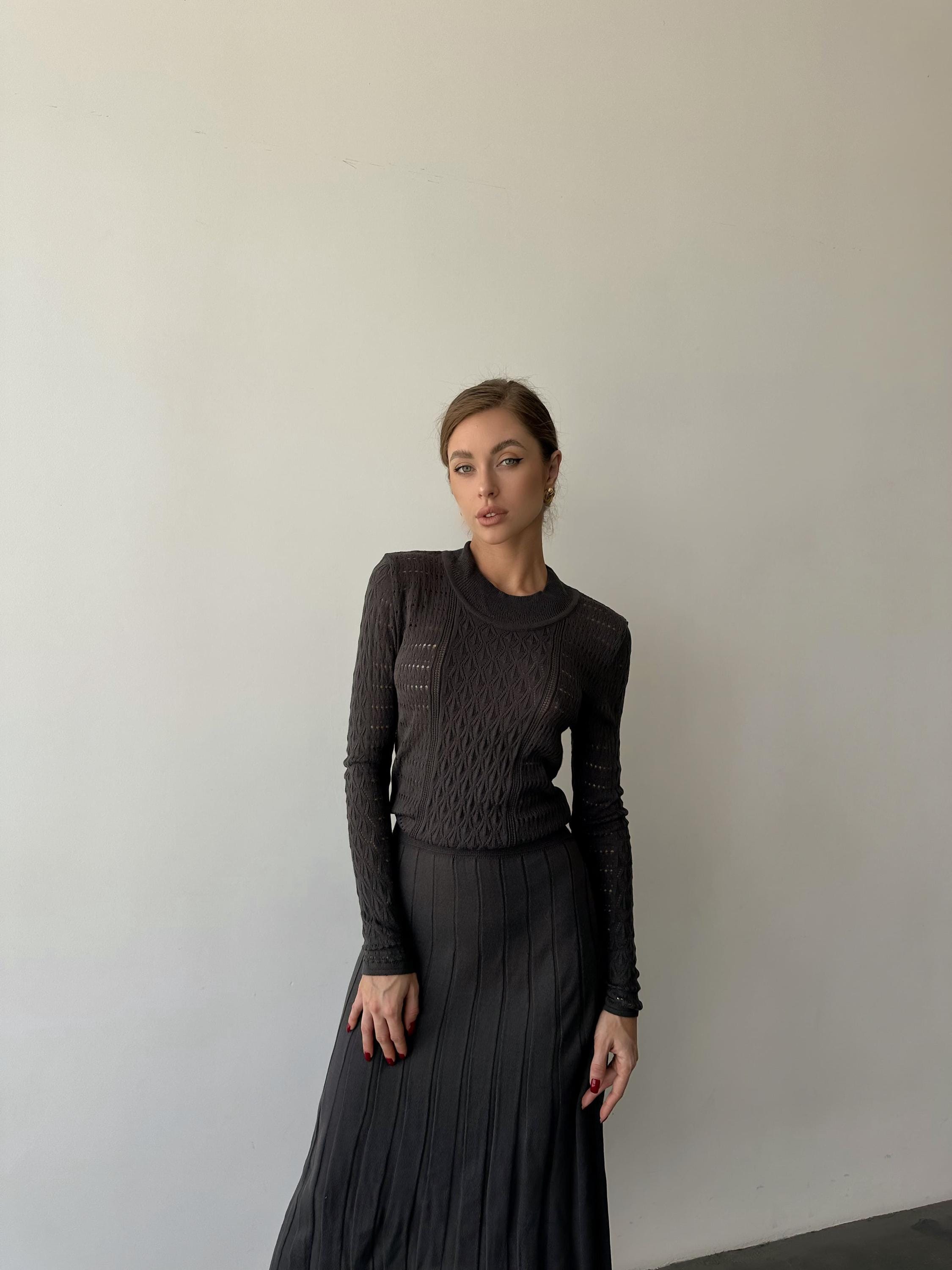 Dark Grey Openwork Knit Midi Dress with Cutout Bodice and Pleated Skirt Dark Grey Openwork Knit Midi Dress with Cutout Bodice and Pleated Skirt