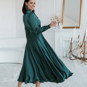 Emerald Green Silk Midi Dress, Silk Modest Dress for Women, Emerald ...