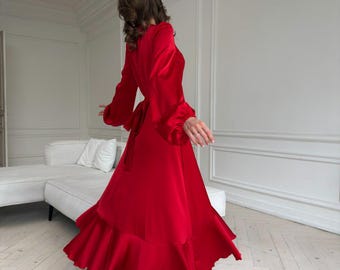 Red Silk Satin Wrap Midi Dress with Long Bishop Sleeves