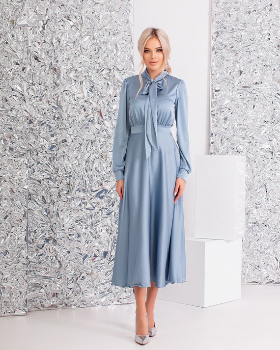 Blue Silk Midi Dress Silk Modest Dress ...