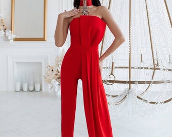 Red Sleeveless Jumpsuit for special occasions, Red Birthday Outfit for Women, Rehearsal Dinner Suit for Bride, Formal Jumpsuit for Women