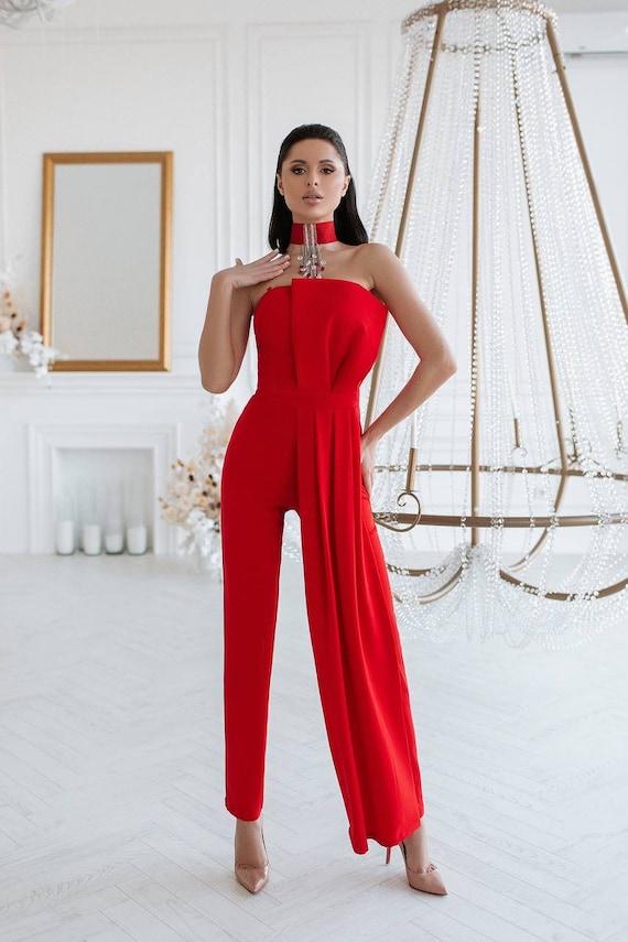 Red Sleeveless Jumpsuit for Special Occasions, Red Birthday Outfit