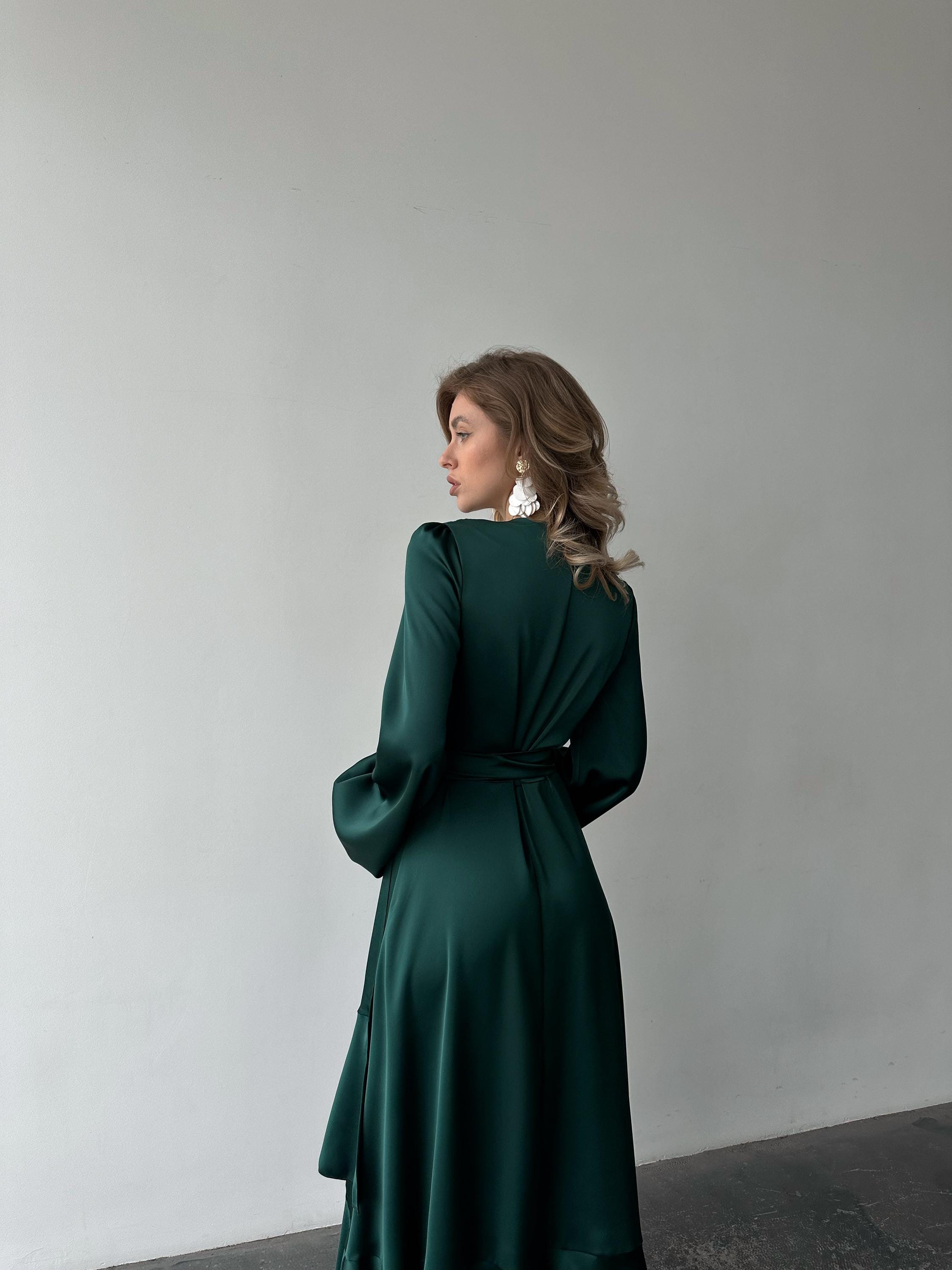 green silk wrap dress long sleeve Forest Green Silk Satin Wrap Dress with Ruffle Hem, Long Sleeve Midi for Women
