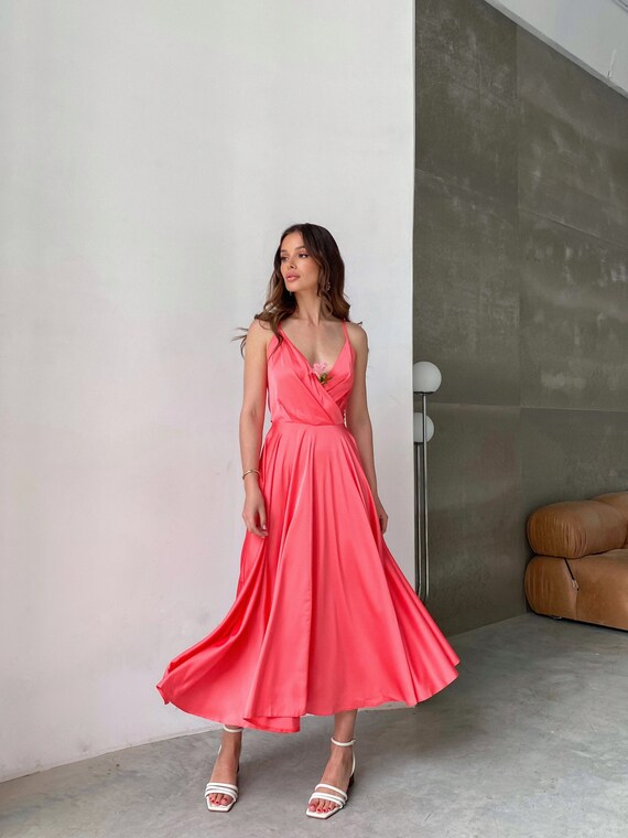 Coral Pink Silk Midi Dress With Open Back Coral Silk - Etsy