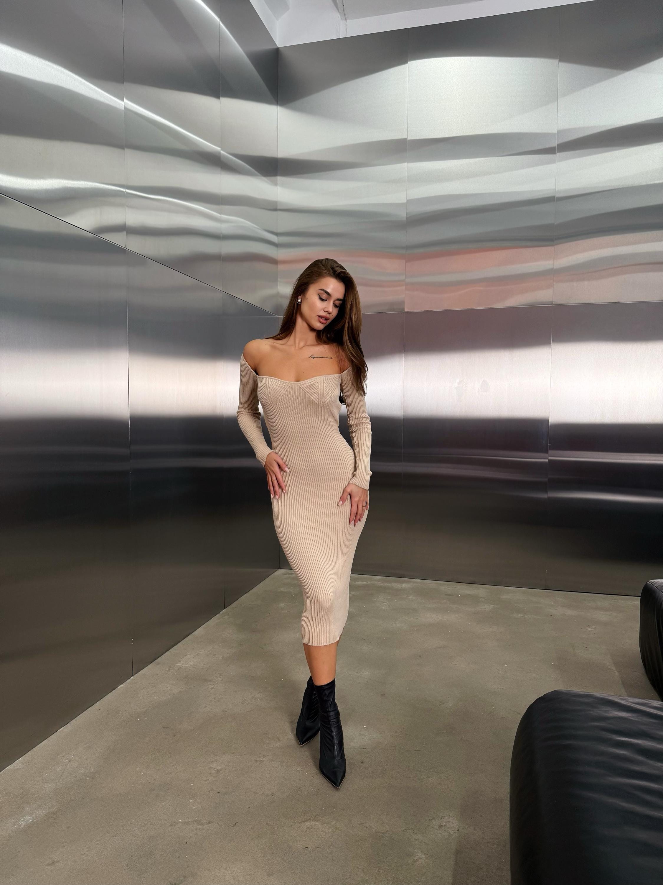 Beige Rib Knit Bodycon Midi Dress for Winter