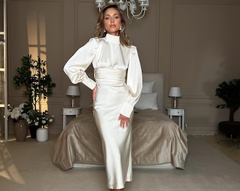 Ivory Silk Satin Open Back  Bow Tie Midi Dress with Long Sleeves Civil Wedding