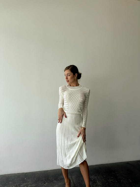 White Openwork Knit Midi Dress with Long Sleeves and Pleated Skirt