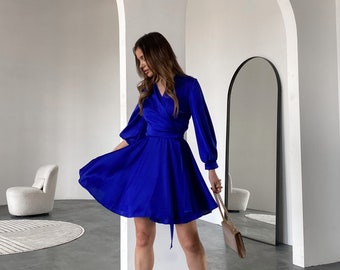 Electric Blue silk wrap dress for women, Short Silk wrap dress with bracelet sleeves, Wedding Guest Silk Dress Mini, Silk wrap mini dress