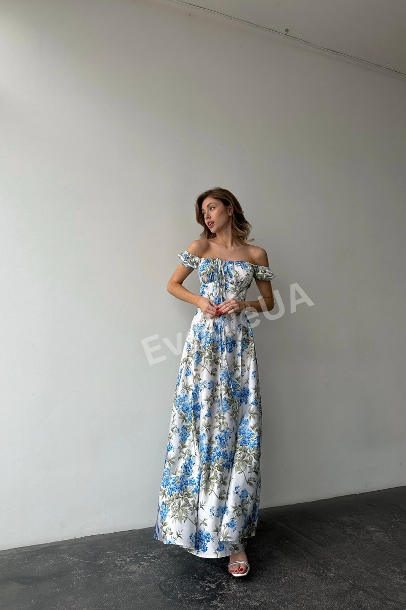 Floral Silk Maxi Dress with side slit and bustier Top, Floral Silk Maxi Dress for Summer, Vacation Dress for Honeymoon image 5