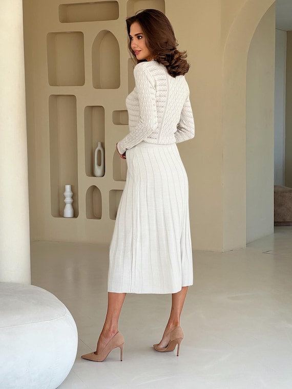 Beige Knit Midi Semi Sheer Long Sleeve Sweater Dress for Women