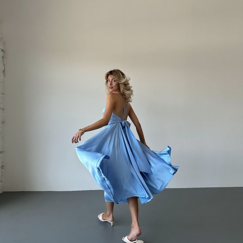 Ice Blue Silk Midi Dress without Sleeves, Open Back for Special Occasions, Bridesmaids