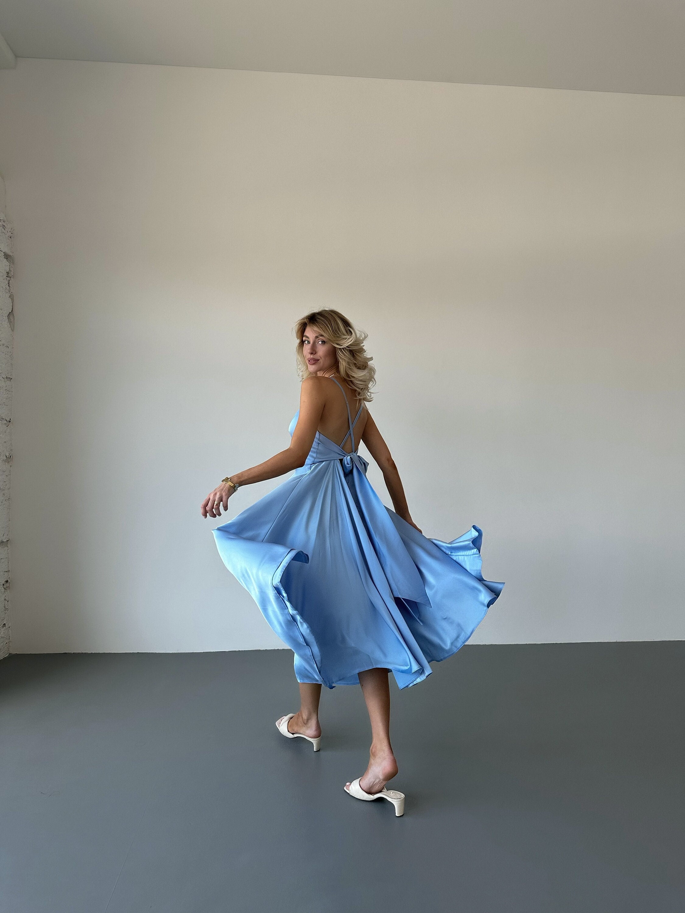 Light Blue Silk Midi Dress without Sleeves, Silk Open Back Midi Slip Dress for Special Occasions, Silk Circle Midi dress for Bridesmaids