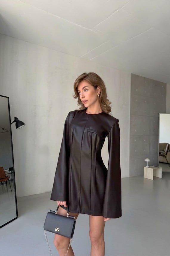 chocolate brown faux leather dress Dark Mini with Wide Flare Sleeve Size:8 UK short raglan sleeves maker_pfg PatBO Camilla Beach Dress