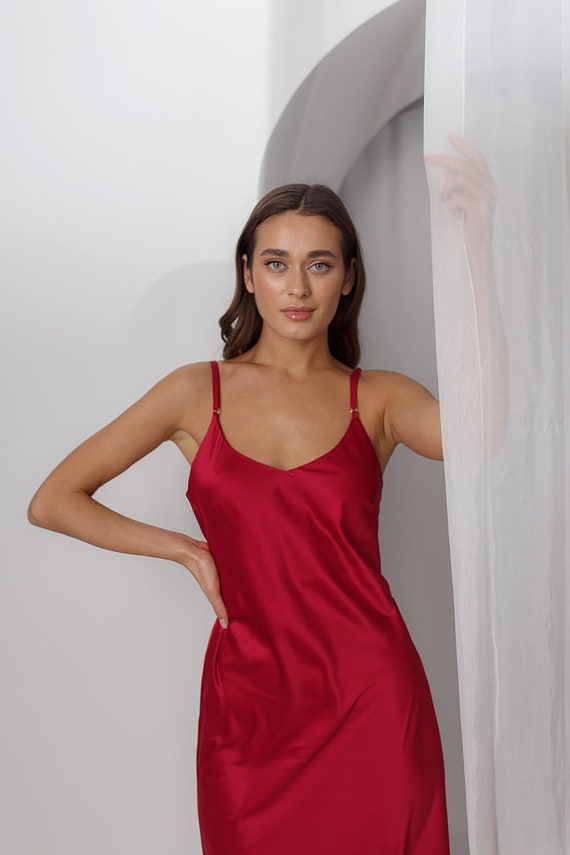 Red silk v neck dress sales