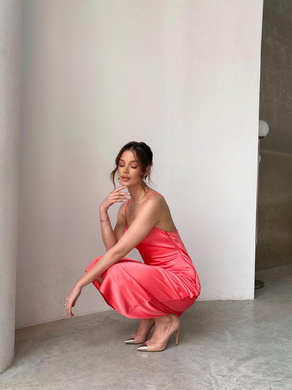 coral pink satin dress Coral Pink Silk Slip Dress With Cowl Neck and Open Back
