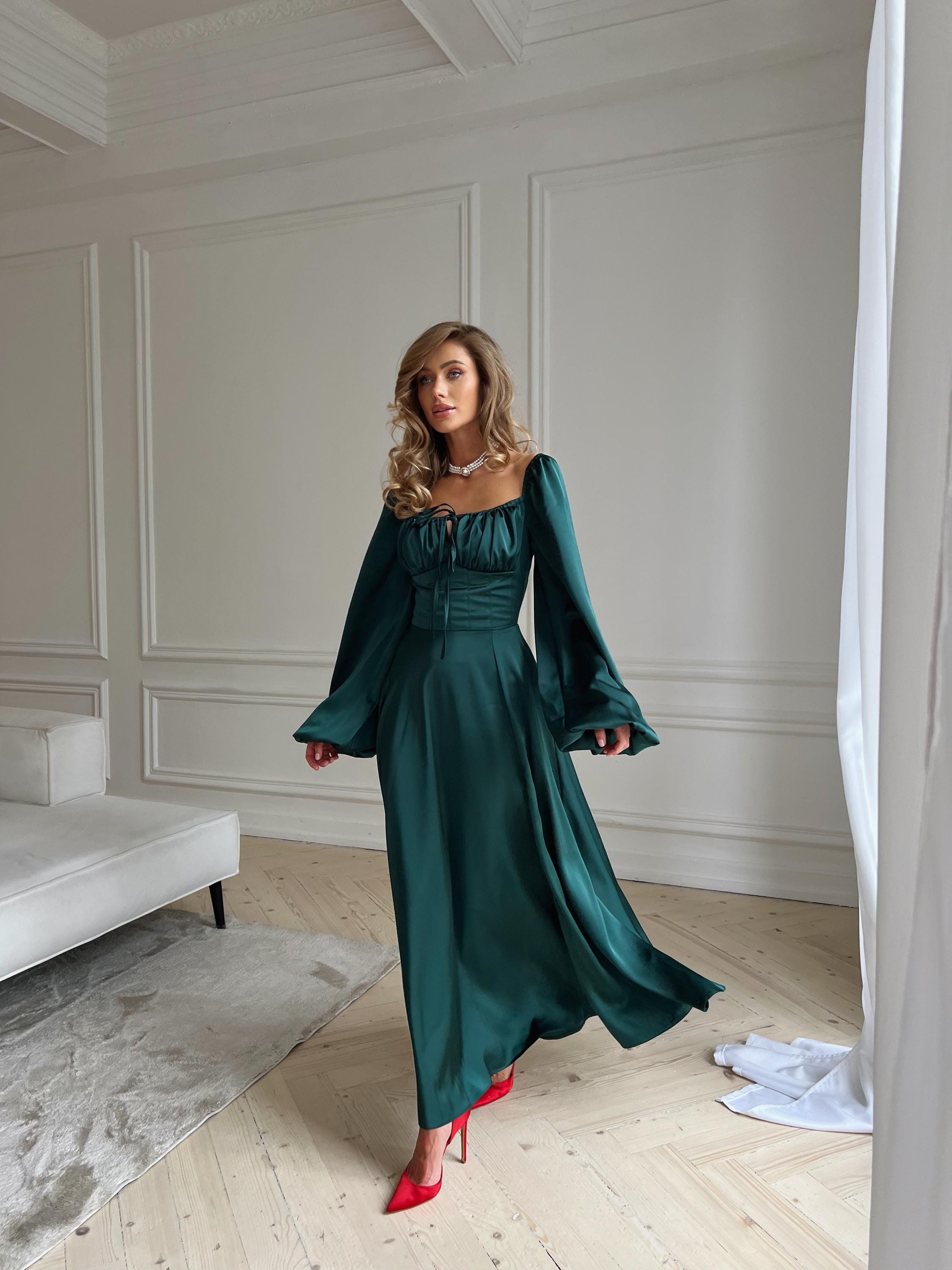 dark green satin dress with sleeves Buy Dark Green Twist Front Long Sleeve Satin Maxi Dress from Next USA