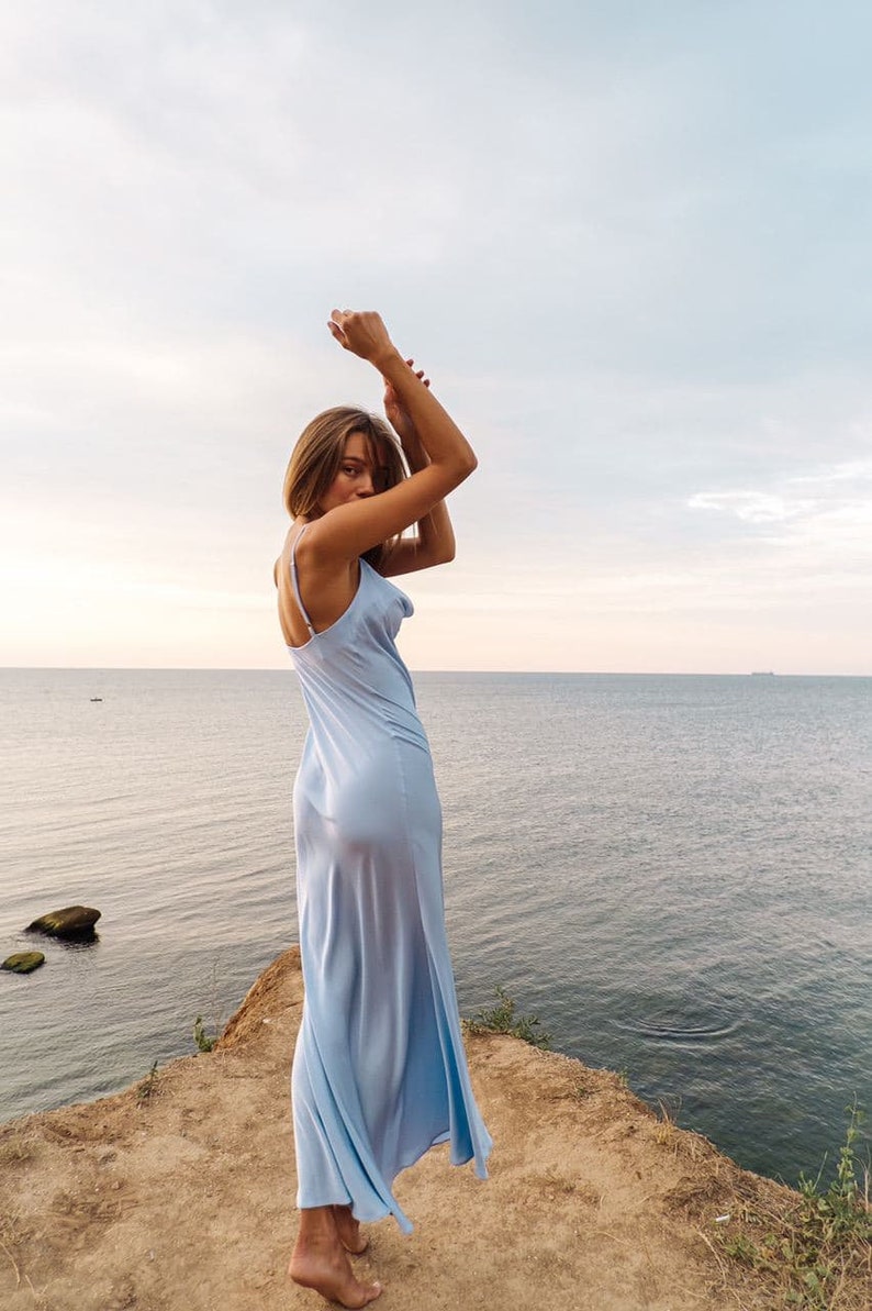 Blue Silk Slip Dress Silk Slip Dress of Midi Length Blue image 10