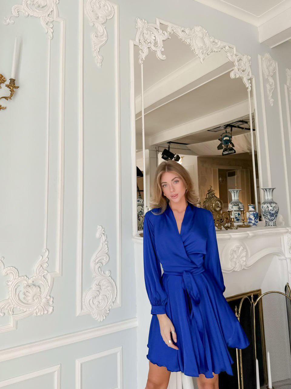 blue mini wrap dress Blue Mini Silk Dress, Ruffle Wrap Dress, Blue Satin Dress with Short Sleeves, Bohemian Summer Dress, Short Beach Wedding Dress