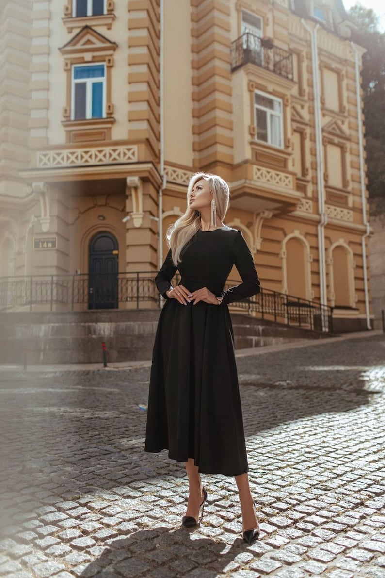 Black Midi Modest Dress for Women, Black fit and flare midi dress with circle skirt, Long Sleeve modest midi dress image 1