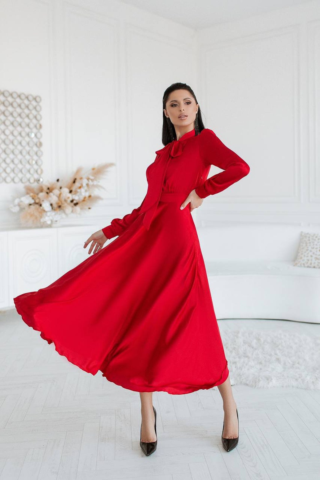 Red Silk Midi Dress, Long Sleeve Modest Dress Red Silk Midi Dress, Long Sleeve Modest Dress