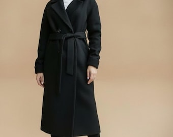 Black Wool Wrap Coat with Belted Waist and Front Buttons
