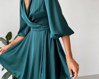 Emerald Silk Wrap Mini Dress, Special Occasion Silk Dress Wedding Guest Silk Dress Emerald Green Silk Dress with Long Sleeves