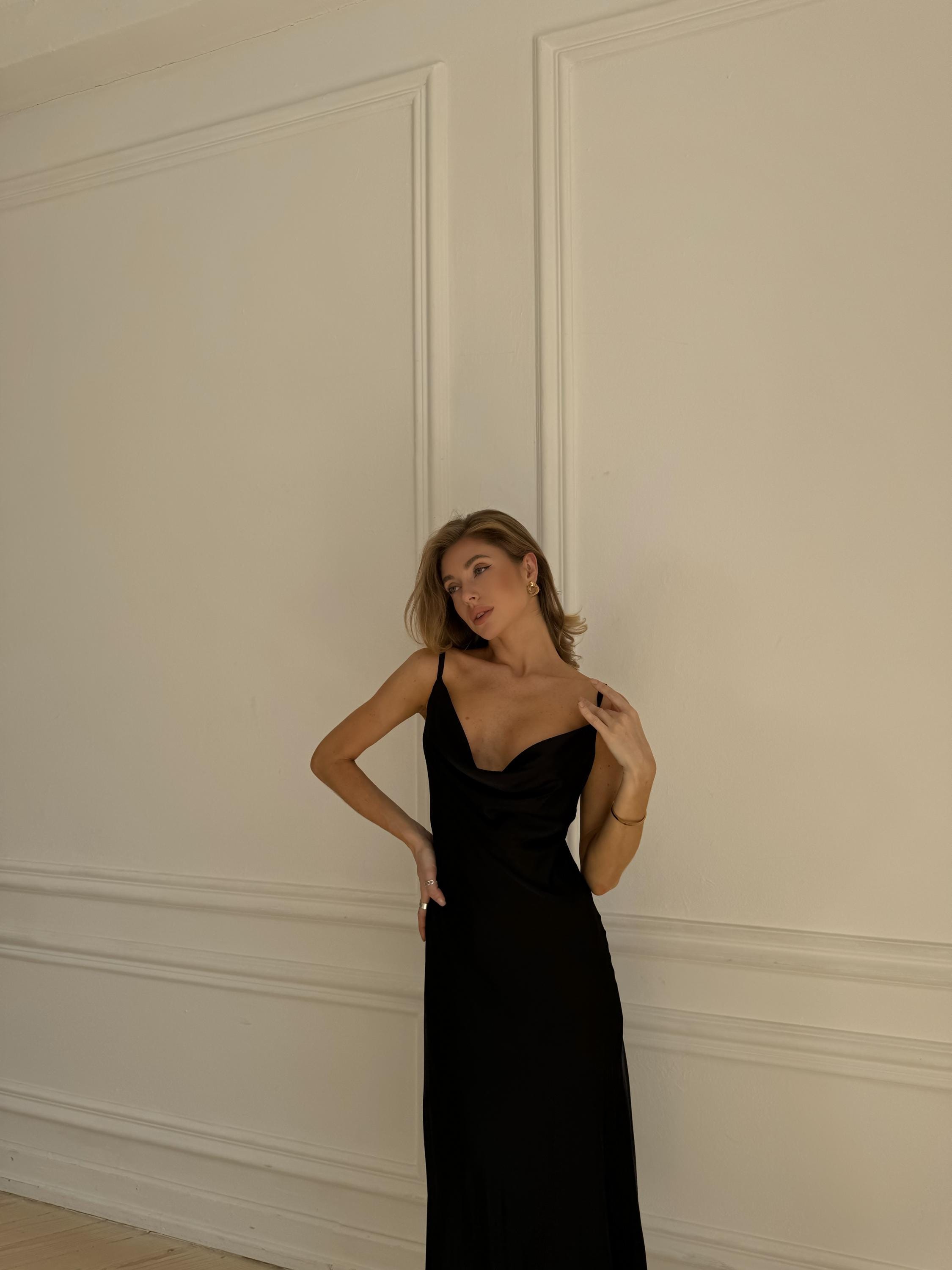 Black Silk Slip Midi Dress with Cowl Neck and Adjustable Shoulder Straps
