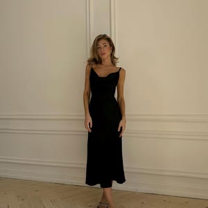 Black Silk Slip Midi Dress with Cowl neck and adjustable shoulder straps, Classic Silk Slip elegant for romantic date or wedding guest