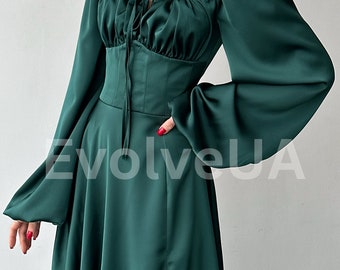 Emerald Green Silk Maxi Dress with side slit and bishop sleeves, Green Silk Elegant Dress with Long Sleeves, Modest Maxi Dress Womens