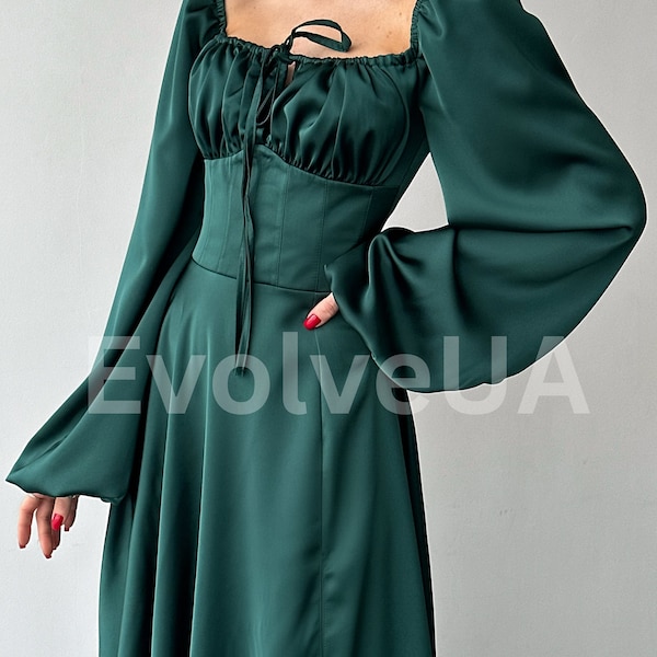 Emerald Green Silk Maxi Dress with side slit and bishop sleeves, Green Silk Elegant Dress with Long Sleeves, Modest Maxi Dress Womens