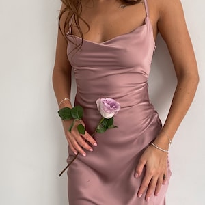 Dusty Pink Silk Slip Dress with Cowl Neck for Special Occasions, Backless Pink Midi Slip Dress, Sheath Dress for Bridesmaids