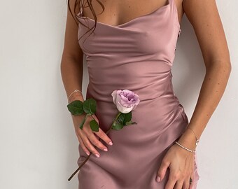 Dusty Pink Silk Slip Dress with Cowl Neck for Special Occasions, Backless Pink Midi Slip Dress, Sheath Dress for Bridesmaids