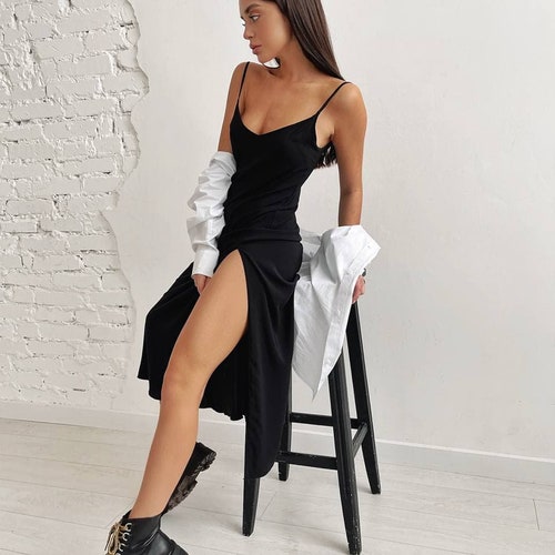 Black Silk Slip Dress With Side Slit 